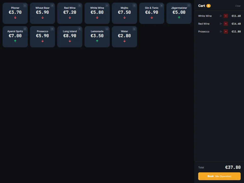 Partybroker bar screen – a sale is logged with one click